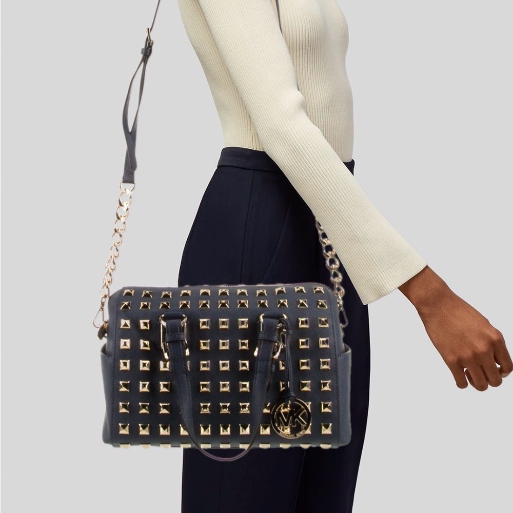 MICHAEL Kors Navy Blue Gold Studded Leather Grayson Satchel with Long Strap - Picture 2 of 13